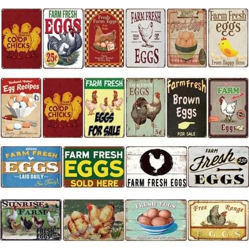 Retro Farm Fresh Eggs Chicken Hen Rooster Tin Signs Kitchen Vintage Decor Metal Bar Coop Sign12x8Inch