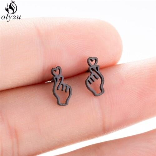 Korean Fashion Finger Heart Earrings Studs for Women Hip Hop Jewelry Asymmetric V DNA Earring Show Your Love Pendientes Mujer