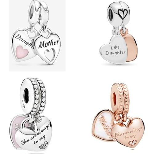 Free Shipping 925 Sterling Silver Mother & Daughter Hearts Dangle Charm Fit Original Pandora Bracelet For Women DIY Jewelry