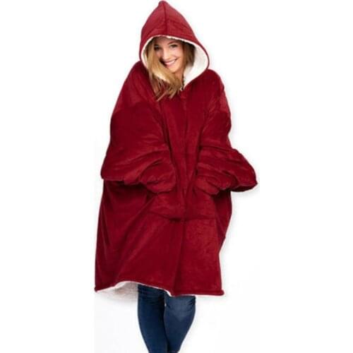 Microfiber Plush Coral Fleece Sherpa Blanket With Sleeves Super Soft Warm Outdoor Pocket Hoodie Adult Winter Hooded TV Blankets