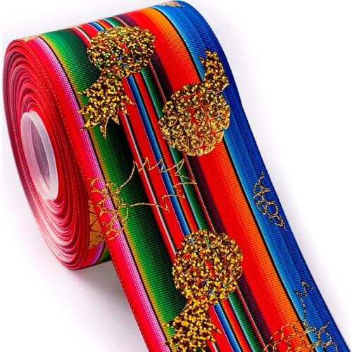Estilo Mexicano 2 yardas 75 mm de bromelia de oro láser de transferencia térmica con cinta rib con lazo de pelo DIY