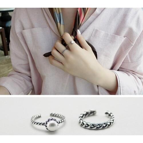 2 PCS/set Vintage Antique Silver Color Opening Ring Twisted Woven Inset Imitation Pearl Gifts Vintage Black Onyx Opening Rings