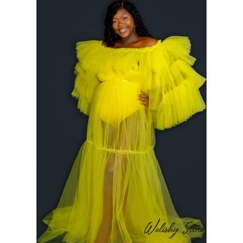 Yellow Puffy Tiered Sleeve Tulle Dresses Women Strapless Long Sleeve Sheer Tulle Dress Plus Size With Waist Band Women Maxi Wear