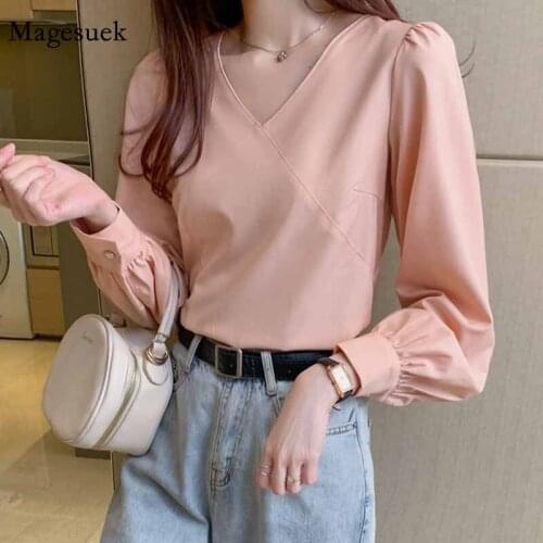 V-Neck Lantern Long Sleeve Spliced Blouse Women Elegant Solid Pullover Loose Tops 2020 Autumn Ladies Shirt Blusas Mujer 11374
