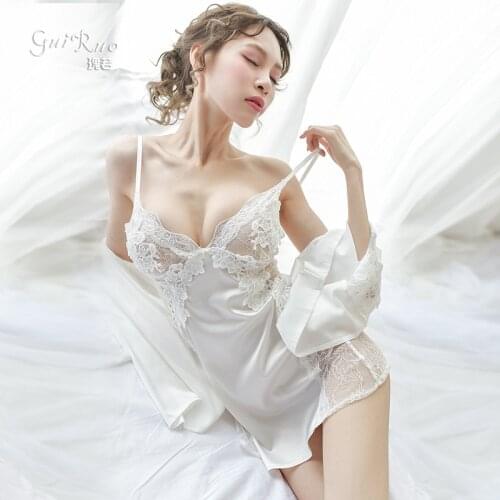 Womens Lace Nightgown Deep V Neck Adult Hot Suspender Underwear Home Clothes Sexy Short Nightgown Sling Nightdress with Panty