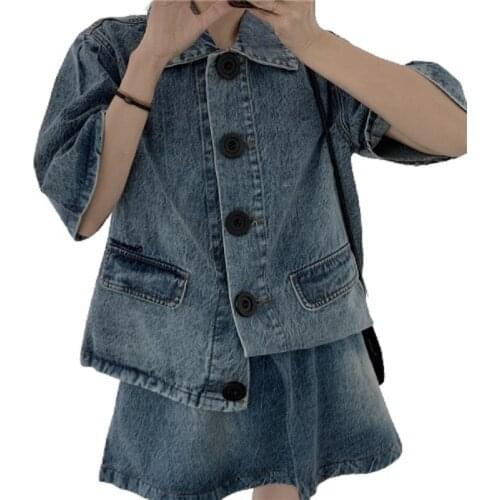 PERHAPS U High Street Casual Women Blue Two Pieces Set Denim Sweet Puff Sleeve Top Shirt Cute Mini Skirt T3034