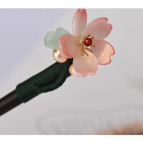 Vintage Han Chinese Clothing Flower sandalwood hairpin Ethnic Watermelon crystal headdress Manual coloured glaze for womens