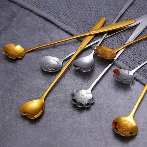 2 pcs stainless steel small spoon creative Japanese flower coffee spoon gold-plated rose long handle mixing spoon gift scoop
