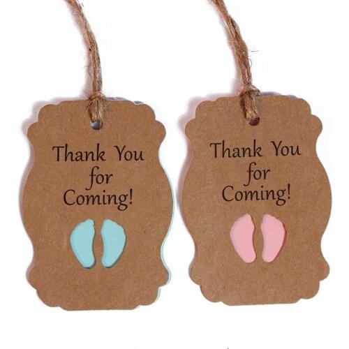50pcs Baby Shower Gender Reveal Birthday Party Thank You Feet Tag Baby Shower Kraft Gift Tag New Born Boy Girl Party Decoration