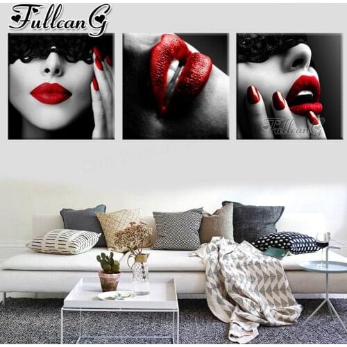 FULLCANG 5d diy diamond embroidery sale Sexy girl with red lips triptych painting full square round mosaic pattern kit FC3593