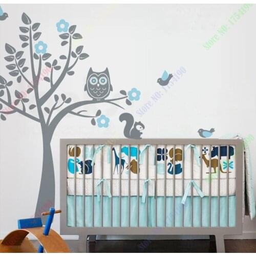 Free Shipping New Owl Tree Wall Decal Tree Wall Stickers with Birds Squirrels Baby Nursery Bedroom Decor 70inX56in