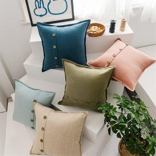 Beige Blue Cushion Cover Cotton Linen Buttons Decor Home Decorative Pillows For Sofa Bed Couch Nordic Pillow Cover 45*45 Cojins