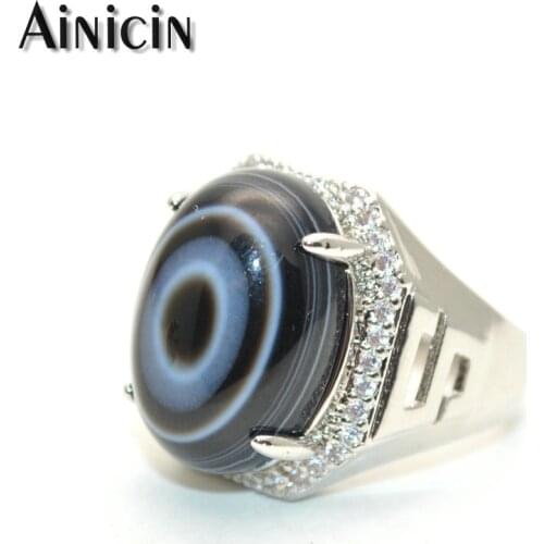 Natural Eyes Black Dzi Agate Adjustable Ring Rhinestone Crystal Setting Silver Color Jewelry For Men and Women Birthday Gift