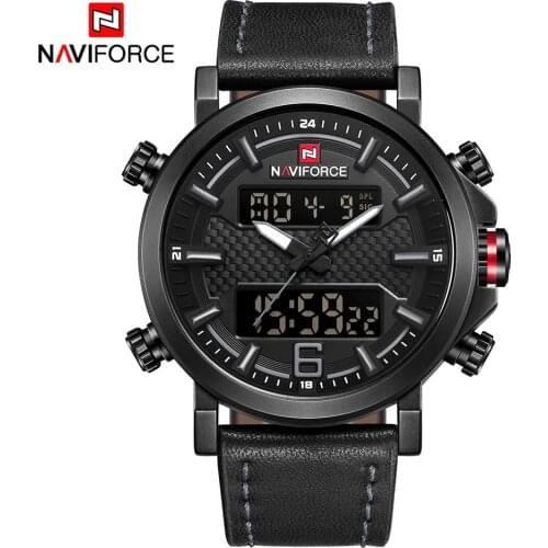 NAVIFORCE Mens Watches Top Brand Fashion Sports Military Quartz Dual Display Wirstwatch Waterproof Leather Strap 2019 Man Clock