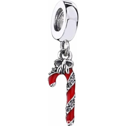 Original Red Enamel Sparkling Candy Cane With Crystal Pendant Beads Fit 925 Sterling Silver Charm Bracelet Diy Jewelry