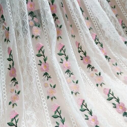Colorful Flower Stripe Embroidery Sheer Mesh Lace Fabric Delicate Tulle Fabric For DIY Party Dress Flower Dress by 1 Yard