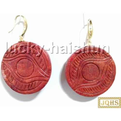 AAA Dangle 30mm Large Coin carved flower red sponge coral Earrings filled gold hook c95