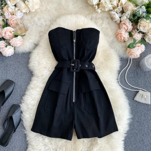 SINGREINY Women Off Shoulder Strapless Rompers Design Zipper Sleeveless Jumpsuits 2021 Summer Fashion Streetwear Short Playsuits