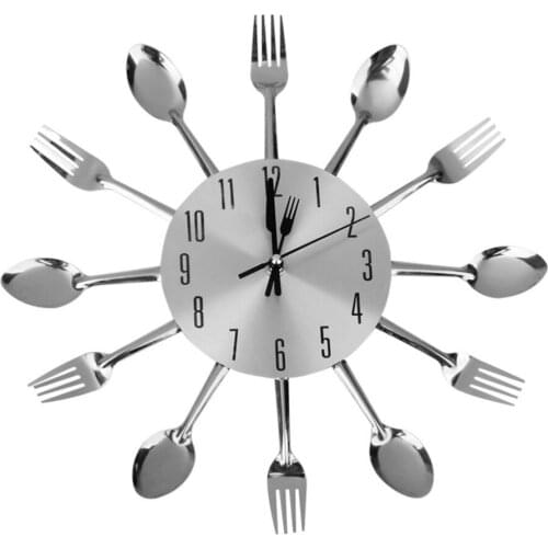 Spoon Fork Wall Clock for Kitchen Dining Room Decoration (Silver)