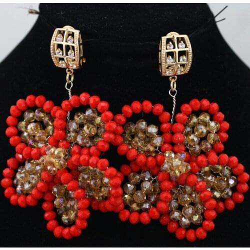 Romantic Crystal Beads Floral Drop Earrings 5 Pairs/lot Red/Gold Bridal Costume Jewelry Dangle Earrings Free Shipping ER030