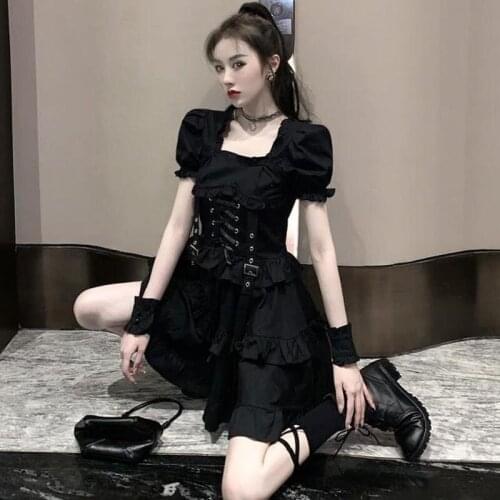 Gothic Lolita Harajuku Dress For Girls Punk Puff Sleeve Bandage Dress Black Mini Dark Rock Mall Goth Accessories Kpop Emo