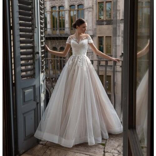 Sheer Off the Shoulder Dark Nude A-line Short Sleeves Wedding Dress Crisscross Ruched Tulle Bridal Gown vestido de noiva vintage