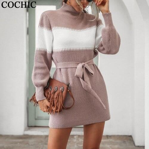 Striped Turtleneck Sashes Warm Knit sweater Dress Women Autumn Spring Casual Knee Length Girl Lantern Sleeve Dresses