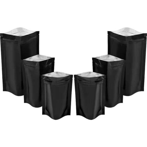 1000Pcs Stand Up Black Aluminum Foil Package Pouches Reclosable Zip Lock Tear Notch Zipper Packing Bag Beans Nuts Storage Bag