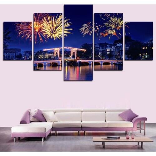 5 Piece(No Frame) Hot Sell Fireworks City Canvas Painting Modern Home Wall Canvas Picture Art HD Print Painting Cuadros Decor