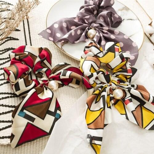 5pc/lot Women Chiffon Bowknot Silk Hair band Pearl Hair Tie Hair Rope Rubber Bands Headwear Girl Hair Accessories