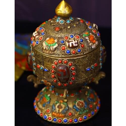 7"Tibet temple Old Bronze mosaic Gem Dzi Bead Filigree Prayer wheel stupa Inside Town House Exorcism Ward off evil spirits