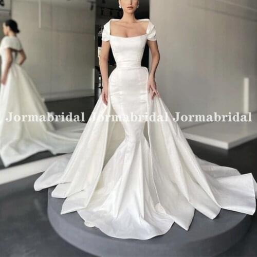 2021 New Arrivals 2 Pieces Satin Mermaid Wedding Dress With Detachable Chapel Train Cap Sleeves Vestido De Noiva Sereia 2 In 1