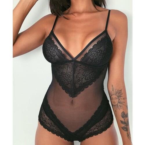 Summer Sexy Lingerie Bodysuit Women Lace Floral Embroidery Deep V Neck Erotic Body Underwear One Piece Halter Open Sexy Bra Set