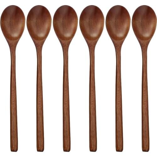Wooden Spoons, 6 Pieces Wood Soup Spoons for Eating Mixing Stirring, Long Handle Spoon Kitchen Utensil