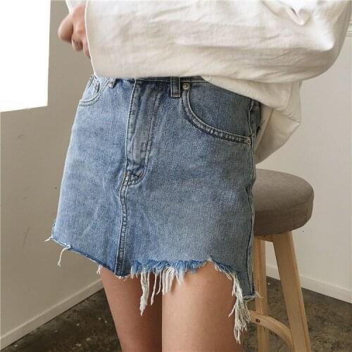 Midi Denim Skirt Women Summer Split High Waist Short Hole Jeans Skirt Irregular Sexy Jean Pencil Skirts Womens Jupe Faldas