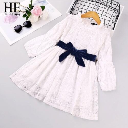 HE Hello Enjoy Girls 2020 Autumn Dresses Baby Party Dress For Kids Clothes Long Sleeve Solid Color With Bags Princess Dress