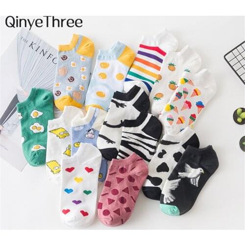 INS Funny Cartoon Egg Socks Cute Girls' Happy Animal Fruit Foods Short Socks Penguin Fried Omelette Strawberry Pineapple