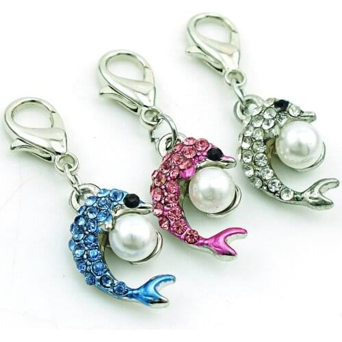 JINGLANG Wholesale Lobster Clasp Charms Dangle Rhinestone Pearl Dolphin Charms Animals DIY Pendants Jewelry Making Accessories