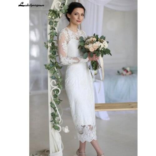 Summer Sheath Ankle-Length Wedding Dress With Illusion Lace Appliques And Split Back Wedding Party gowns
