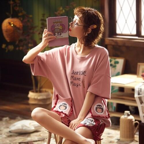 Summer Short-sleeved Cotton Thin Sleepwear Leisure Household Lovely Cartoon Pajamas Set