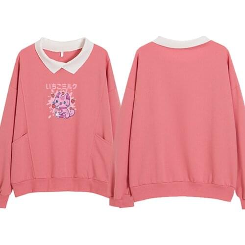 Strawberry Milk Cute Cartoon Sweet Pink Cat Graphic Cotton Turn-down Collar Pullover Oversized Sweatshirt Casual Loose tops kpop