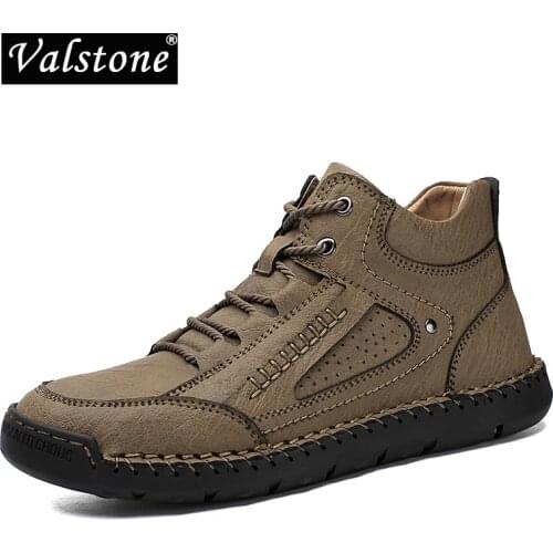 Valstone Leather Men Boots Casual Lace-up Flat Man High-top Shoes Winter Outdoor Warm Lining Vintage Street Shoes Big Size 38-48