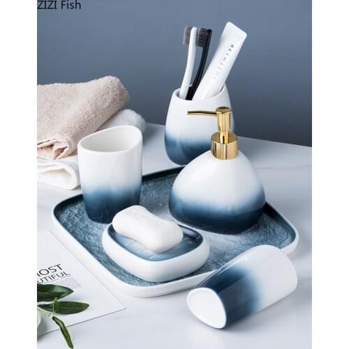 Ceramic Bathroom Accessories Set 5pc Ceramic Cup Soap Dispenser Toothbrush Storage Bathroom Decoration Accessories