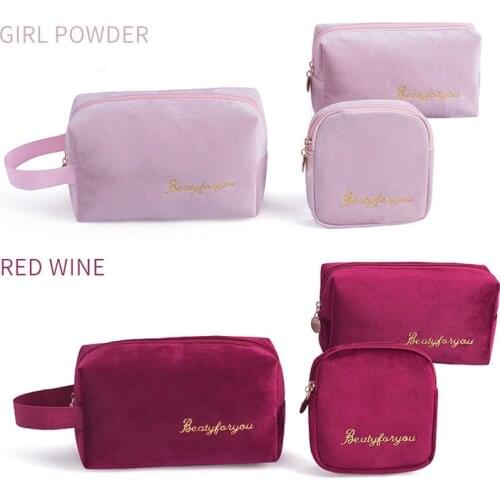 Solid Color Embroidery Soft Velvet Cosmetic Bag Women Travel Makeup Bags Pads Toiletry Organizer Female Storage Beauty Pouch