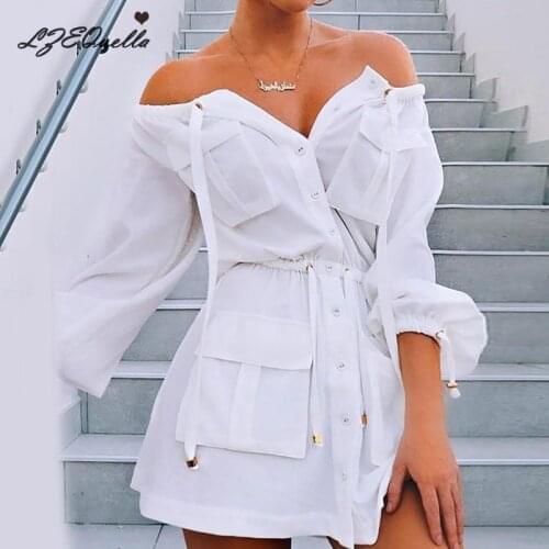 LZEQuella Sexy Cotton Long Sleeve Slash Neck Button Mini Dresses High Waist A Line Pockets Sashes Dress Partywear Femme Vestidos