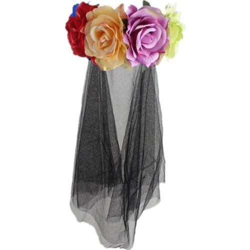 Halloween Day Of The Dead Headband Bride Veil Vintage Mesh Rose Flower Cosplay Costume Hair Accessories For Nightclub Party