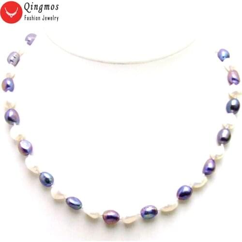 Qingmos Fashion White and Black Pearl Necklace for Women with 7-9mm BAROQUE Natural Freshwater Pearl Chokers Jewelry 17" nec5852