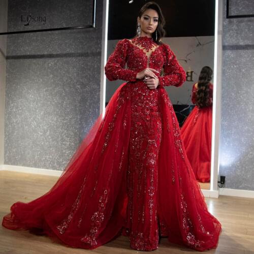 Luxury Red Beaded Mermaid Evening Dresses With Detachable Train Lace Crystal Full Sleeves Evening Gowns Muslim Party Dress
