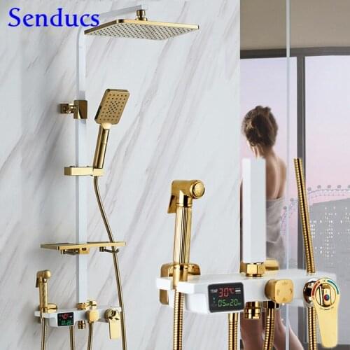 Bathroom Shower System Senducs White Gold Bathroom Mixer Tap Quality Brass Bathtub Faucet Thermostatic Digital Shower Mixer Set