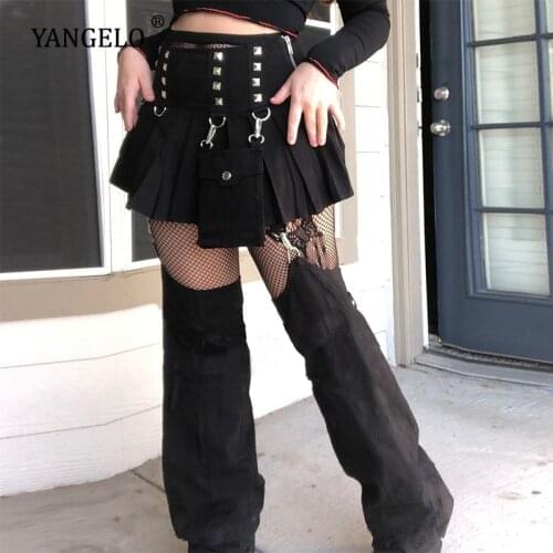 Dark Academia Punk Patchwork Streetwear Women Pants Skirt Gothic egirl Removable Cargo Pants 2pc High Waist Black Bottoms